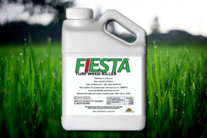 Fiesta Turf Weed Killer product bottle on a green lawn covered in dew